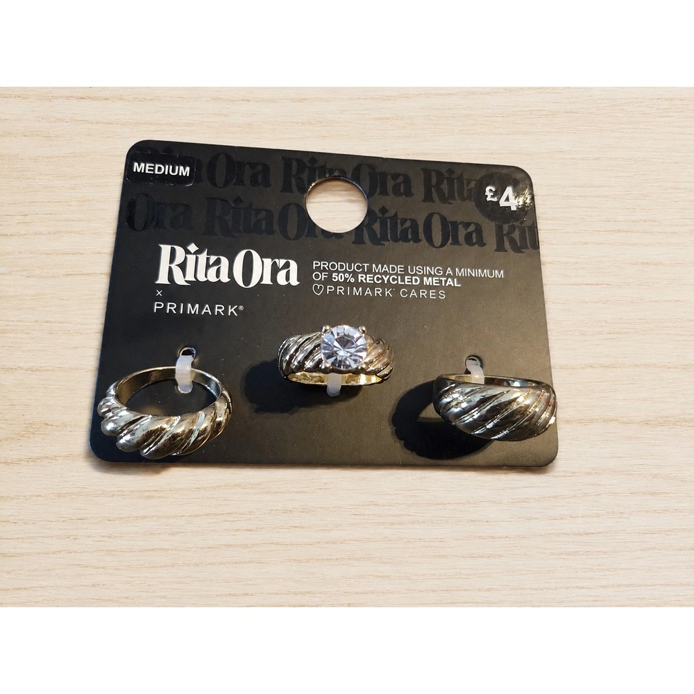 Rita Ora x Primark 3 Piece Ring Set Gold Tone Crystal Twisted Bands Size Large